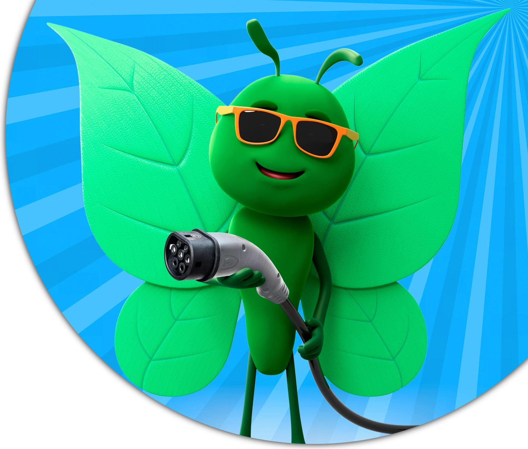 Image of Bruce the butterfly holding an EV charging cable